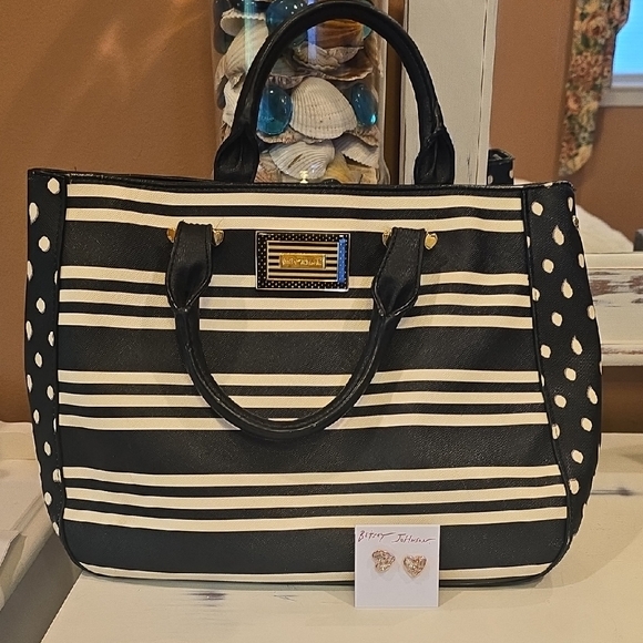 Betsey Johnson Black and White Striped Tote with Polka Dots & Rose Gold Earrings - Picture 1 of 8